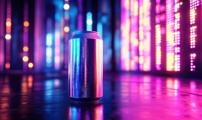 A can of soda is sitting on a table in front of a neon sign