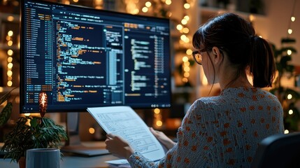 A woman carefully examines documents next to a monitor