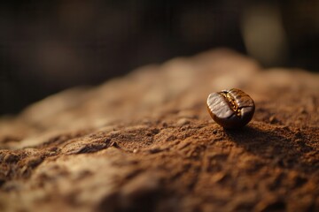 Poster - Close-up view of roasted coffee beans with a focus on a single bean in warm brown tones for a cozy and inviting atmosphere