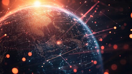 Wall Mural - light trails and data points flowing seamlessly across a rotating planet earth, illustrating the dyn