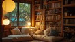 © RaksaLinggo - Cozy reading nook features soft cushions and a large bookshelf