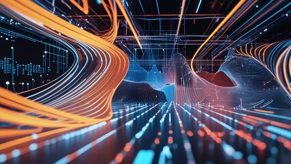 Modern abstract illustration of digital patterns with flowing lines and data nodes, symbolizing technological innovation and advanced analytics. Perfect for promoting software solutions and data-centr