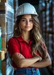 © Alex - Portrait of a Female Warehouse Worker Wearing a Red Polo Shirt and Blue Jeans with a White Safety Helmet