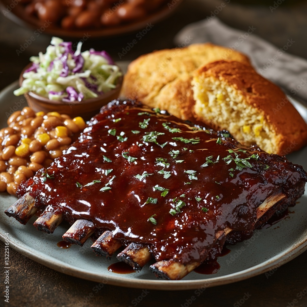 Delicious BBQ ribs, with coleslaw, baked beans, and cornbread, a ...