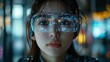 © AI04 - A virtual screen lights up as a young woman types, engaging with augmented reality