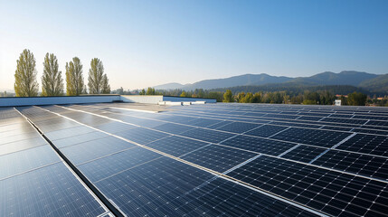 Vast solar panel array on a rooftop, set against a tranquil landscape.