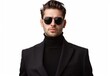 © PUTRI - Serious body guard or secret agent wearing suit and sunglasses, isolated on grey background