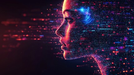 From a side perspective, a futuristic stock computer head displays glowing lines and data
