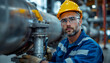 © Day - Man Working on Pipeline System with Wrench in Industrial Setting