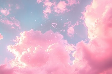 Leinwandbilder - Dreamy pink sky adorned with heart-shaped clouds and gentle sparkles creates a romantic atmosphere at sunset