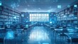 © Sampao - A conceptual D classroom featuring a deep blue virtual space with glowing holographic educational subject icons.