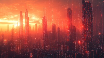 A mixed media background featuring Matrix-inspired binary computer code forming a futuristic city skyline