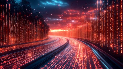 StockA concept illustration featuring the movement of digital data on a conceptual road, representing cyber global communication, coding, and quick data transfer, to depict agile digital