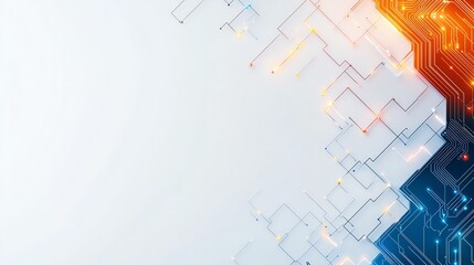 Abstract digital circuit background with glowing lines and nodes in blue and orange colors. A modern tech design ideal for showcasing innovation and digital concepts.