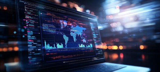 A high-tech laptop displaying complex data analytics and world map visualizations. The background features abstract light trails, symbolizing digital innovation and connectivity.