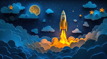 Wall Mural - Rocket launch adventure in starry night sky digital art outer space creative design perspective