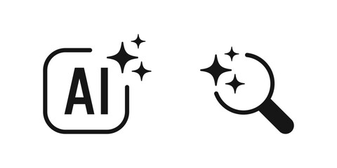 Generative AI logo icon | search icon with magic sparkle stars symbol , Artificial intelligence sign, magnifying glass loupe sign. Vector ai generated icon 