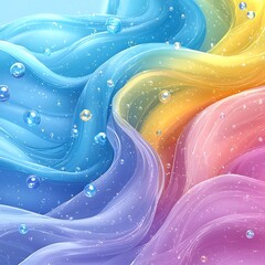 Wall Mural - Abstract flowing colorful ribbons with translucent bubbles floating around