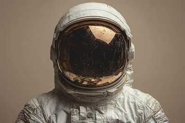 Wall Mural - A close-up shot of an astronaut in a worn white spacesuit the helmet's golden visor reflecting a blurry starlit scene.