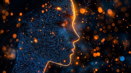 A digital head of a human consisting of binary code and illuminated lights