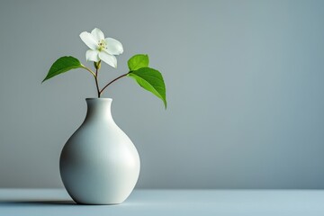 Poster - Elegant white flower in a simple vase on a minimalist table against a soft gray background creating a serene atmosphere in natural light