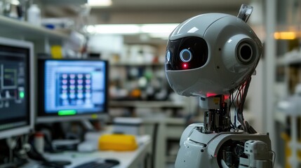 Leinwandbilder - Robot in a high-tech laboratory surrounded by advanced equipment and glowing screens, showcasing cutting-edge technology and innovation
