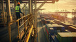 © Thanthara - worker in high visibility vest oversees busy shipping port at sunset