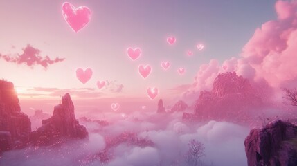 Leinwandbilder - Delicate heart-shaped clouds float in a dreamy pink sky over a mystical landscape at twilight with subtle glimmers of light