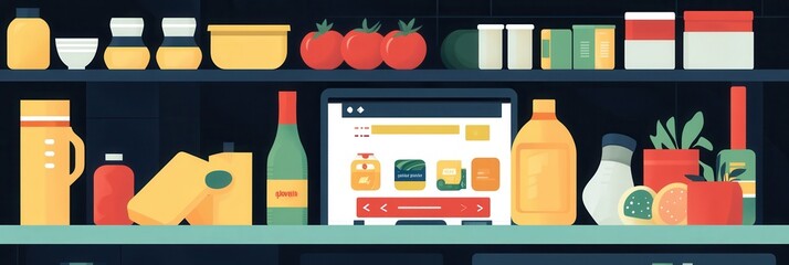 Fototapete - Stylized online grocery order summary displayed on a digital screen in a modern kitchen setting