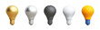 © chawalit - 3D light bulb objects golden, silver, black, white and yellow. Colorful Mockup or Model, electricity energy. world idea and technology. PNG file. 3D Illustration.