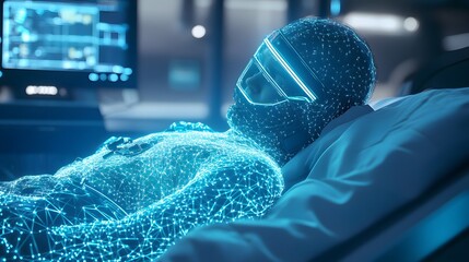 Wall Mural - a futuristic medic tending to an injured soldier with advanced glowing nanotechnology