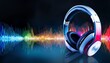 © Pastel - A sleek pair of headphones sits against a colorful soundwave backdrop, symbolizing music and audio technology.