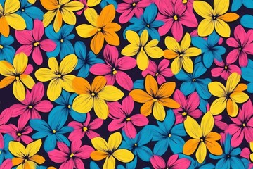 Aufkleber - Abstract design featuring vibrant floral patterns and human silhouettes with dynamic colors against a bright yellow background