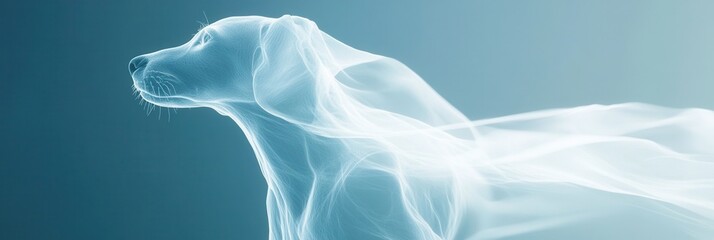 Poster - Modern veterinary design featuring a graceful dog silhouette with flowing movement in a light blue background for mobile vet services