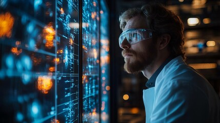 Poster - A scientist examines intricate quantum data visualizations while wearing protective eyewear in a modern laboratory environment dedicated to quantum experiments and simulations.