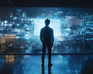 Man viewing data, night office