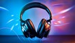 © Pastel - A pair of stylish black headphones against a vibrant blue and pink background, highlighting sound and music themes.