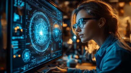 Fototapete - A researcher analyzes complex quantum computing data on a glowing screen, focusing on principles like superposition, entanglement, and security measures against eavesdropping.