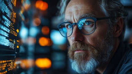 Leinwandbilder - A researcher focuses intently on a display of quantum algorithms and machine learning data, immersed in the study of optimization and regression techniques during a late evening session.