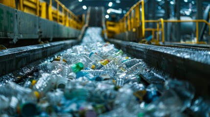Poster - Bottles and plastic debris fill the conveyor belt inside a recycling center, where workers and machines actively sort and process waste materials during daytime operations.