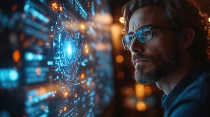 Poster - A researcher examines intricate visualizations of quantum computing principles, such as qubits and entanglement.