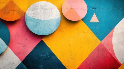Poster - Colorful geometric shapes create a vibrant abstract design with circles and triangles in contrasting hues against a dark background