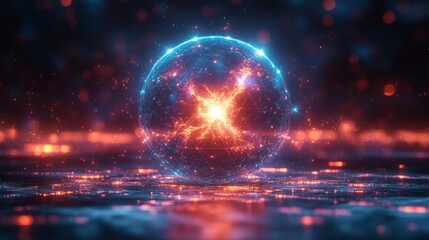 Fototapete - The intricate interactions of quantum particles are visualized through a glowing sphere, representing fundamental concepts like qubits and decoherence. Research continues to unravel the complexities.