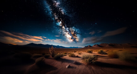 Wall Mural - a breathtaking night scene unveils the milky way arching over a serene desert landscape. mountains s