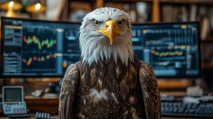 Aufkleber - A majestic eagle gazes directly at the viewer while standing in a stylish office. Behind it, multiple computer screens showcase fluctuating stock market data with vivid colors.