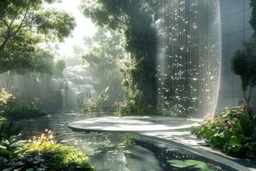 Aufkleber - Modern architecture blends with nature in a vibrant forest setting featuring circular structures surrounded by lush greenery and colorful flowers
