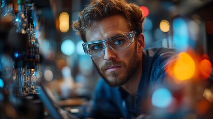 Poster - A scientist carefully observes quantum experiments involving qubits, focusing on superposition and entanglement in a modern lab filled with advanced equipment.