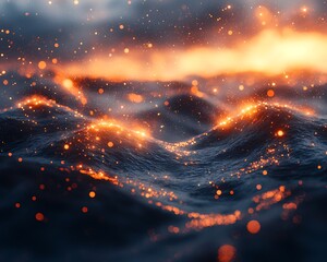 Wall Mural - Fiery golden sparkling lights dance gracefully upon the dark water