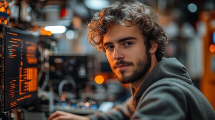 Aufkleber - A young man focuses on a computer in a lab, applying quantum computing concepts like superposition and entanglement to improve encryption and security against eavesdropping.