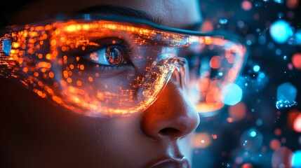 Fototapete - A person wearing high-tech glasses showcases colorful visualizations of quantum concepts like superposition and entanglement. The ambient light reflects advanced data analysis and optimization.